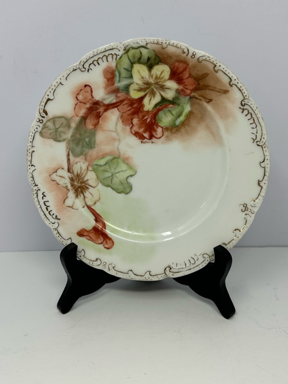 HAND PAINTED BASSETT LIMOGES AUSTRIA FLORAL PORCELAIN PLATE WITH STAND Q7